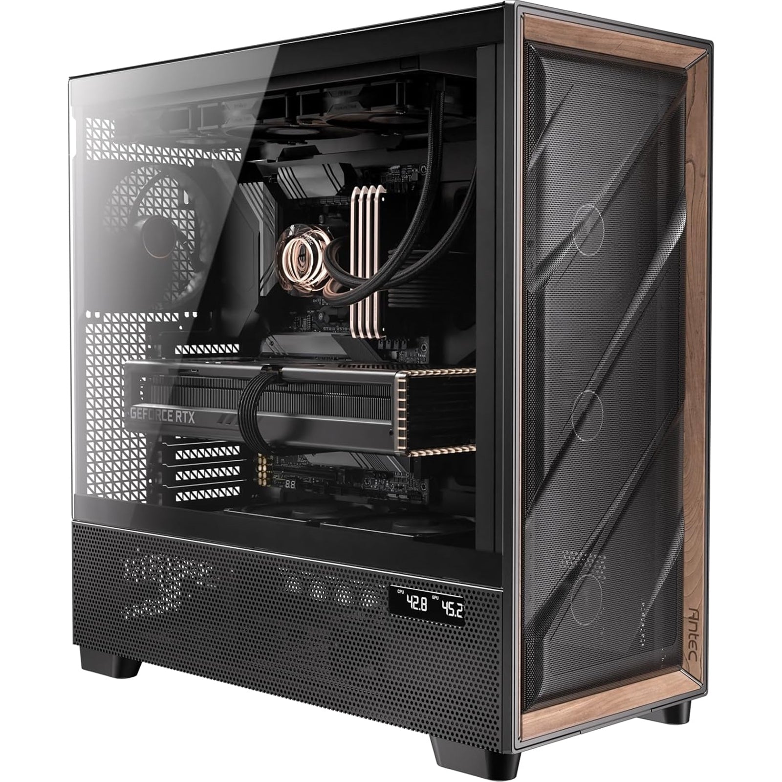 Antec Flux PRO Full Tower PC Case with Tempered Glass, Black/Wood, 6 Pre-Installed Fans, USB Type-C, E-ATX/ATX/mATX/mITX Compatibility