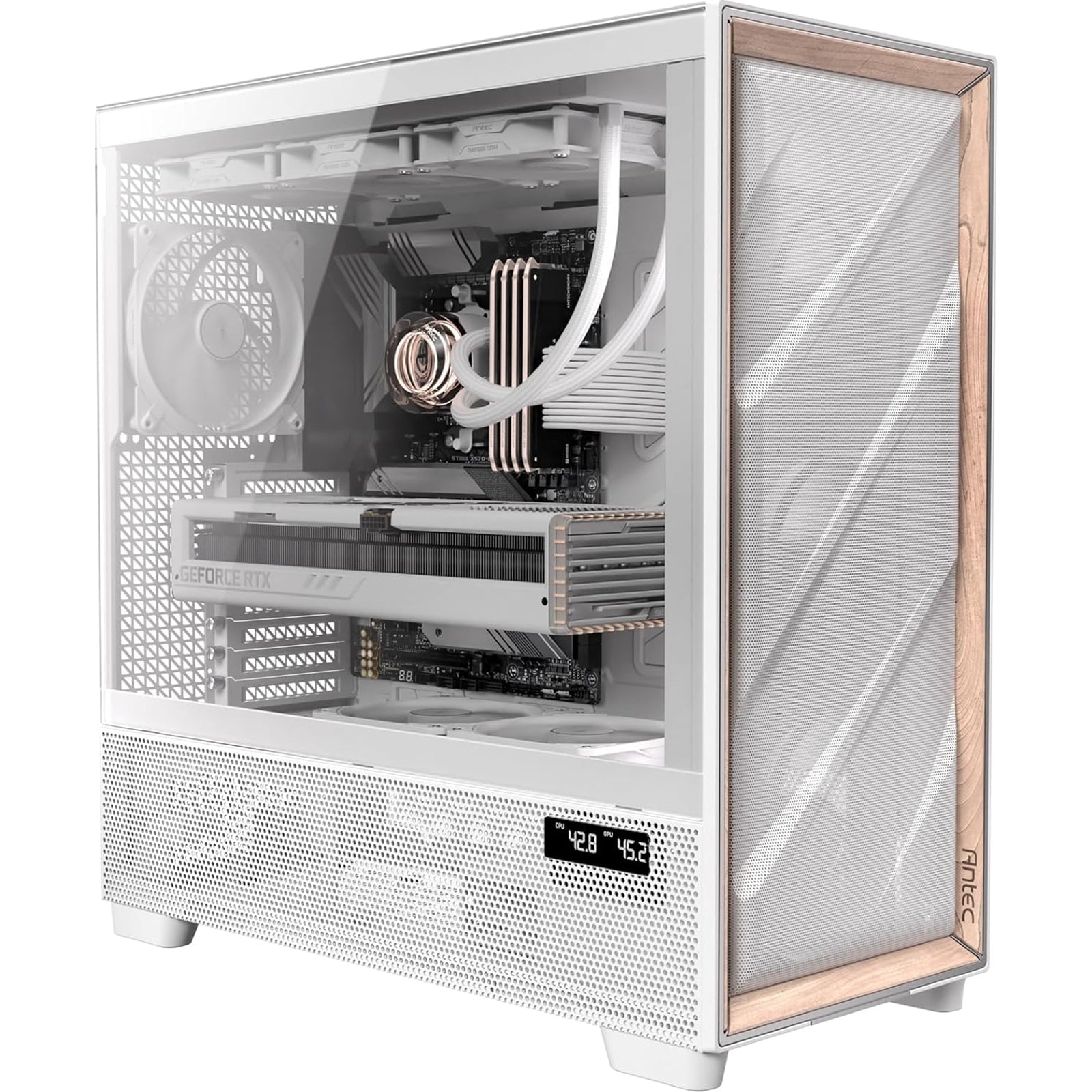 Antec Flux PRO Full Tower PC Case with Tempered Glass, White/Wood, 6 Pre-Installed Fans, USB Type-C, E-ATX/ATX/mATX/mITX Compatibility