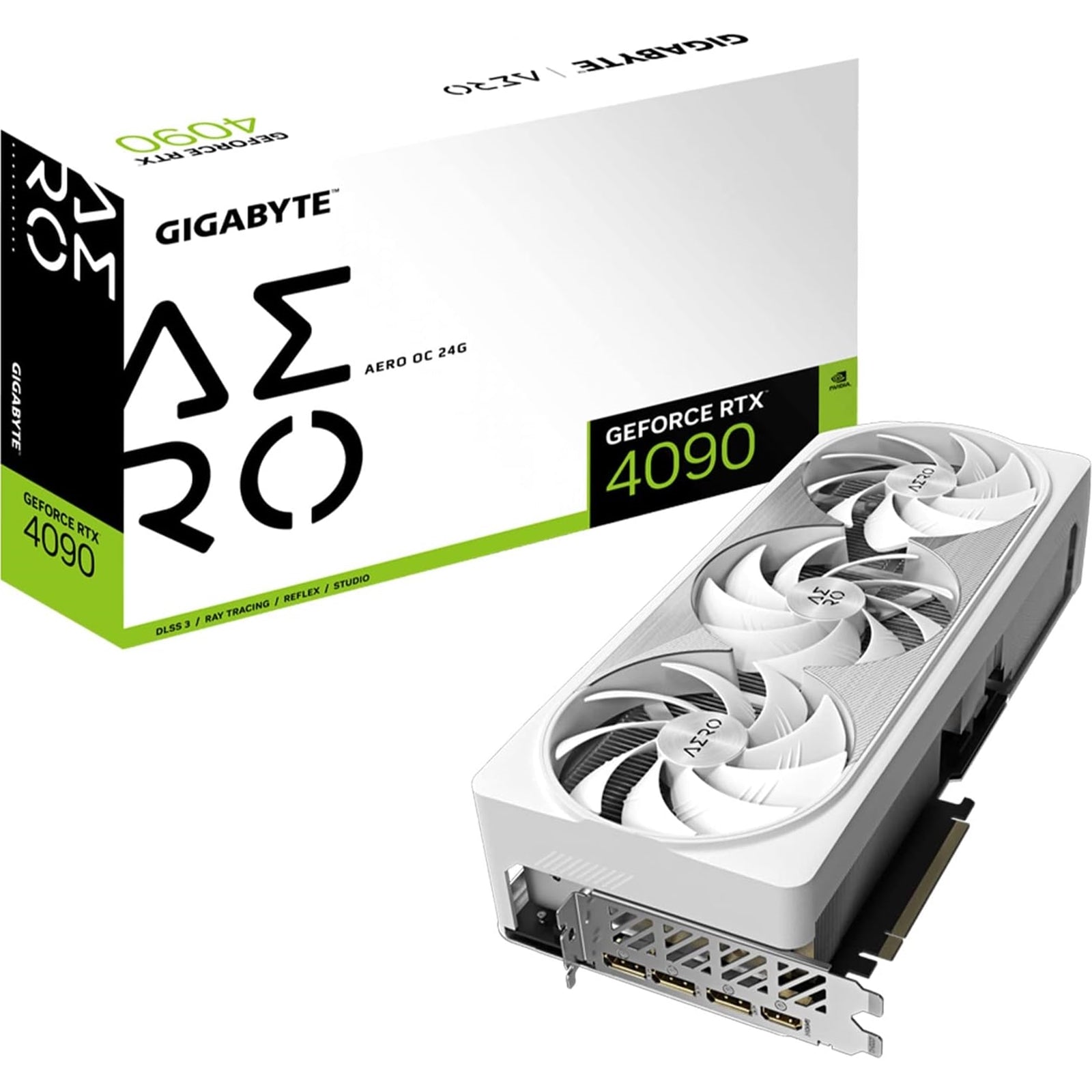 Gigabyte NVIDIA GeForce RTX 4090 AERO OC Graphics Card, 24GB GDDR6X, 16384 CUDA Cores, 2535 MHz Core Clock, Triple Fan, White, RGB, 3x DisplayPorts / 1x HDMI Port