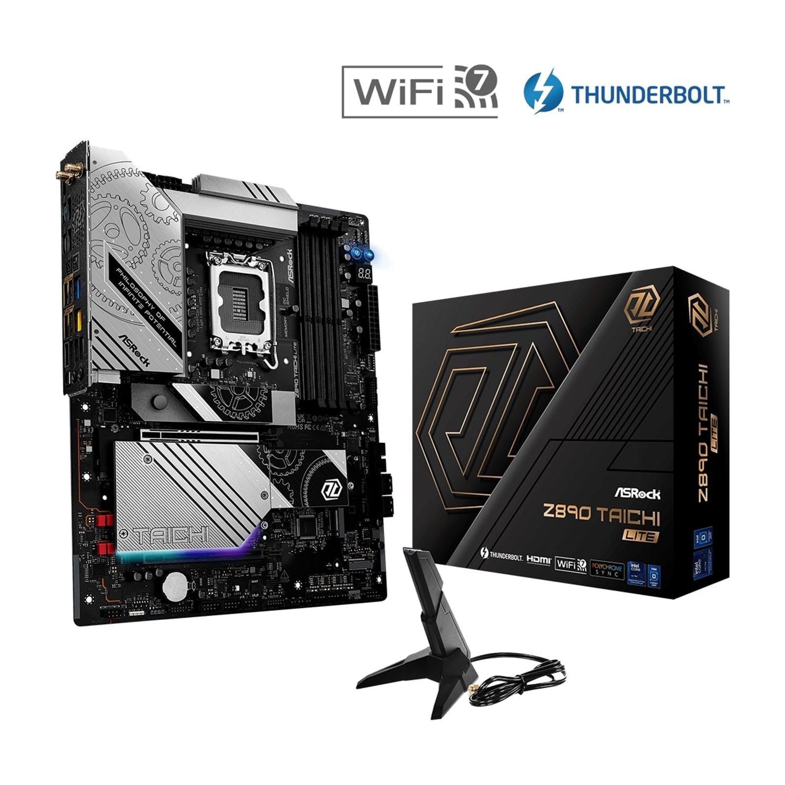 ASRock Z890 TAICHI LITE Intel 1851 Socket Motherboard, ATX, 4x DDR5 Slots, 6x M.2 Sockets, 3x USB-C Port, Fitted I/O Shield, 5GbE LAN, Wi-Fi 7, 1x HDMI Port / 2x USB-C (USB4)