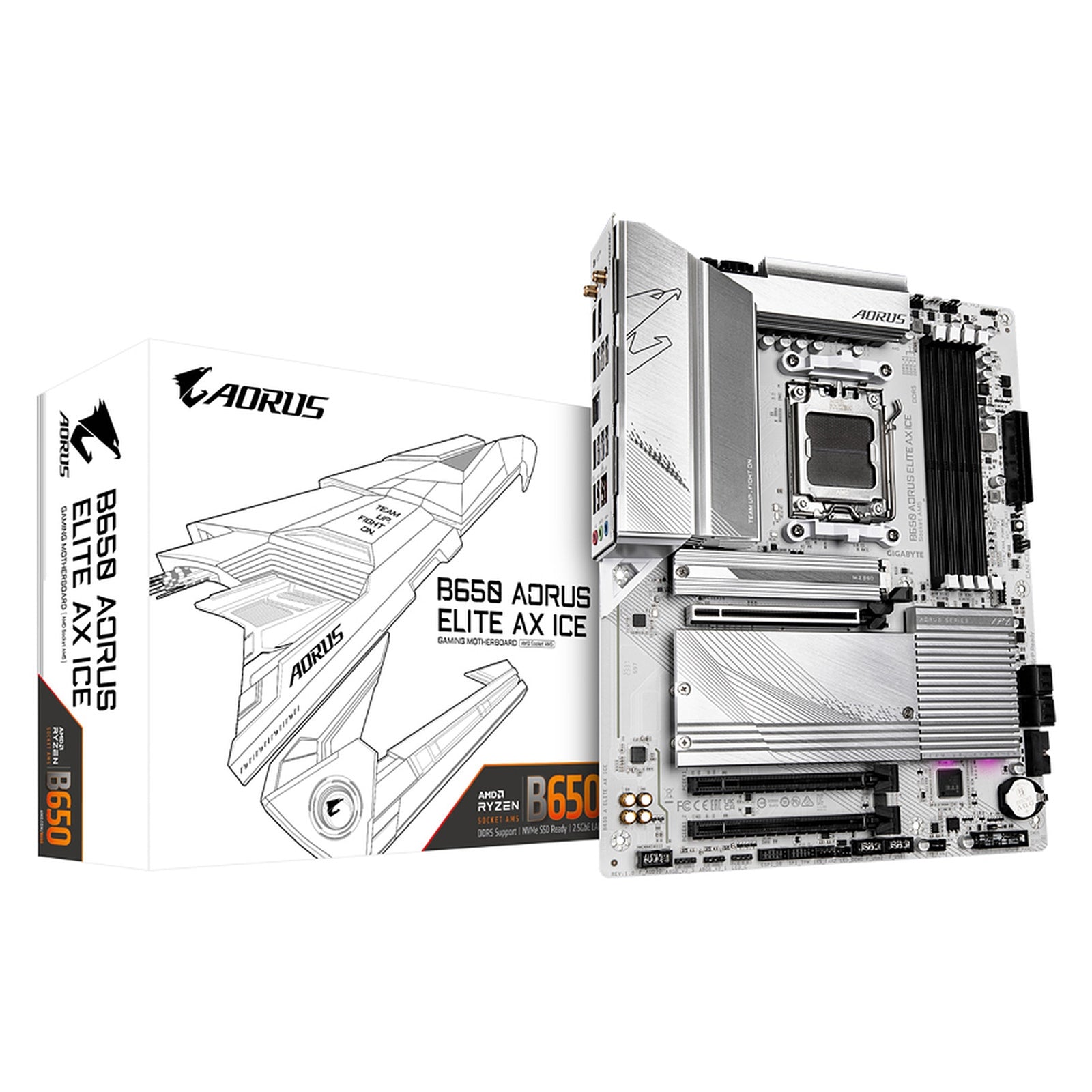 Gigabyte B650 AORUS ELITE AX ICE AMD AM5 Socket Motherboard, ATX, 4x DDR5 Slots, 3x M.2 Sockets, 2x USB-C Port, Fitted I/O Shield, 2.5GbE LAN, Wi-Fi 6E, 1x DisplayPort / 1x HDMI Port