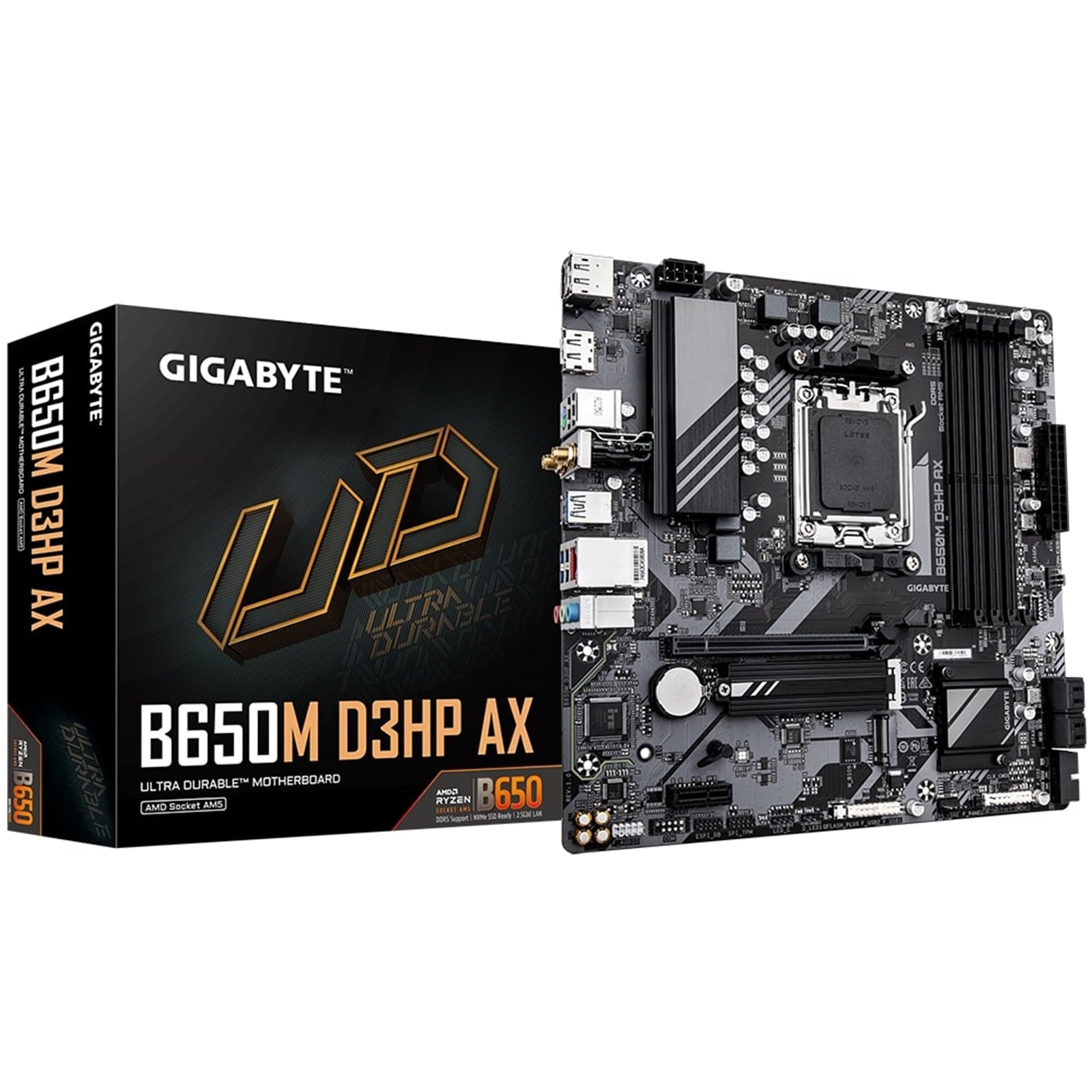 Gigabyte B650M D3HP AX Ultra Durable AMD AM5 Socket Motherboard, Micro-ATX, 4x DDR5 Slots, 2x M.2 Sockets, 2x USB-C Port, 2.5GbE LAN, Wi-Fi 6E, 2x DisplayPorts / 1x HDMI Port