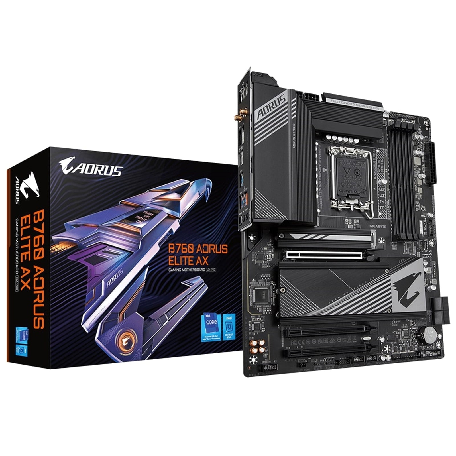 Gigabyte B760 AORUS ELITE AX Intel 1700 Socket Motherboard, ATX, 4x DDR5 Slots, 3x M.2 Sockets, 2x USB-C Port, Fitted I/O Shield, 2.5GbE LAN, Wi-Fi 6E, 1x DisplayPort / 1x HDMI Port