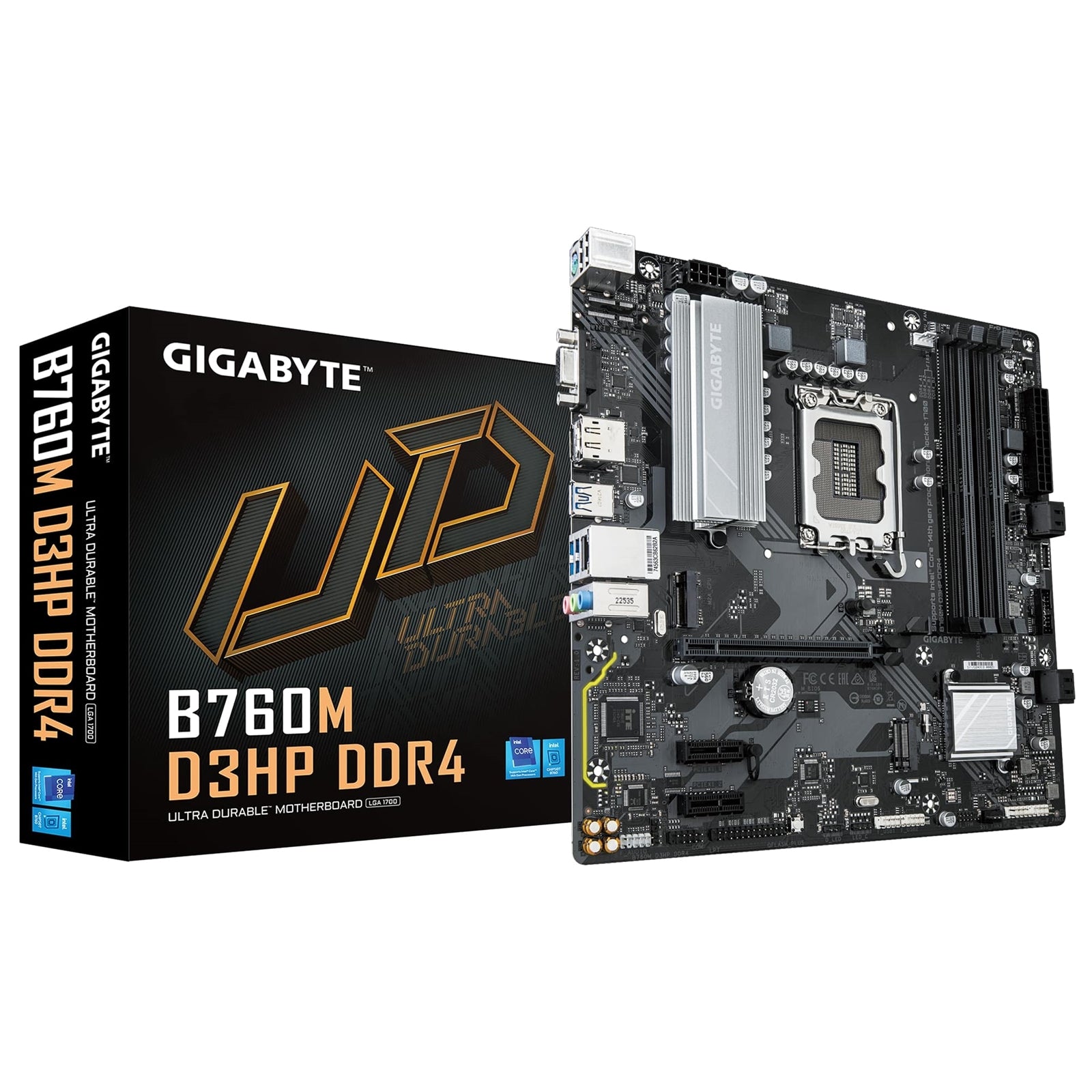 Gigabyte B760M D3HP DDR4 Intel 1700 Socket Motherboard, Micro-ATX, 4x DDR4 Slots, 2x M.2 Sockets, 1x USB-C Port, GbE LAN, 1x D-Sub / 1x DisplayPort / 1x HDMI Port