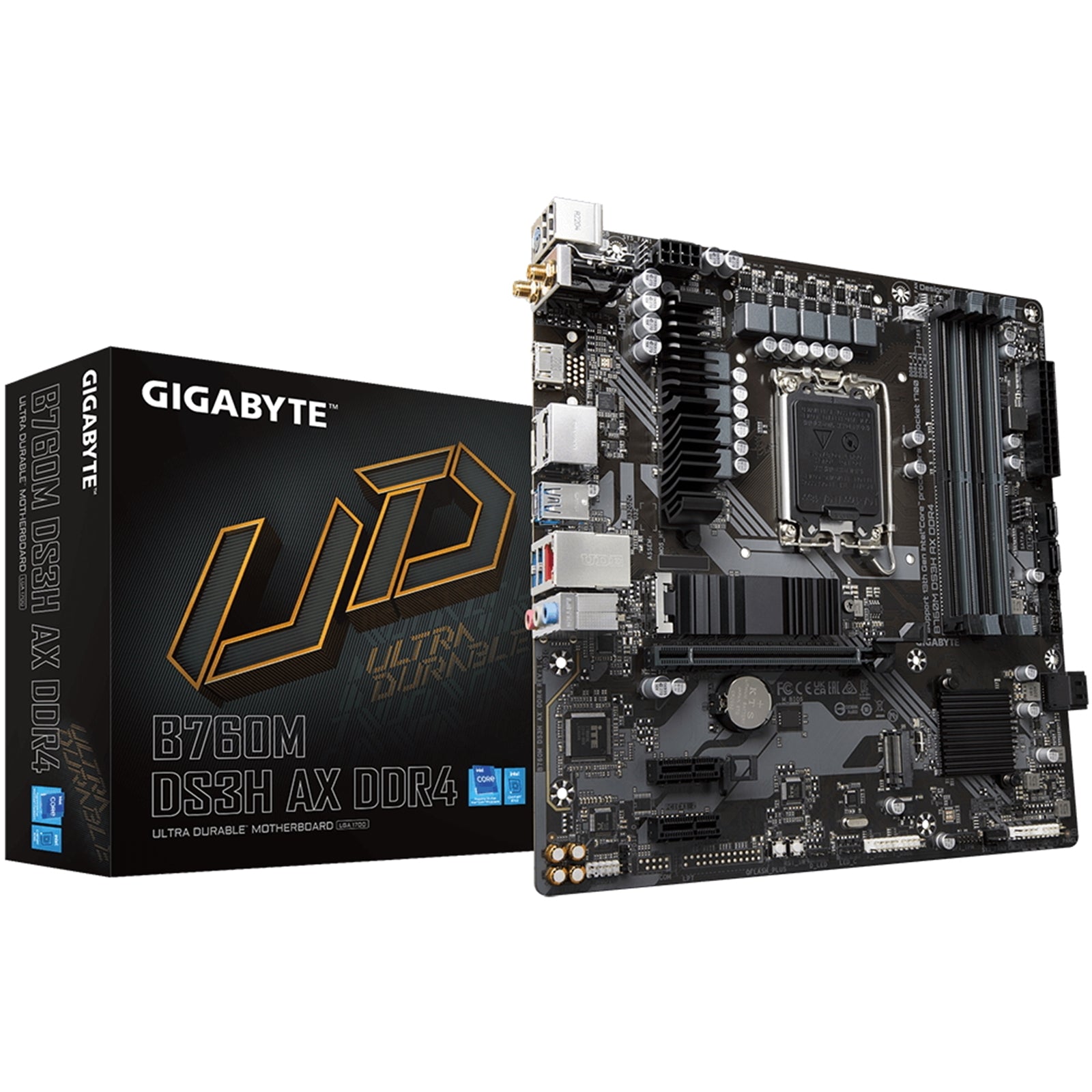 Gigabyte B760M DS3H AX DDR4 Ultra Durable Intel 1700 Socket Motherboard, Micro-ATX, 4x DDR4 Slots, 2x M.2 Sockets, 1x USB-C Port, 2.5GbE LAN, Wi-Fi 6E, 1x D-Sub / 1x DisplayPort / 1x HDMI Port