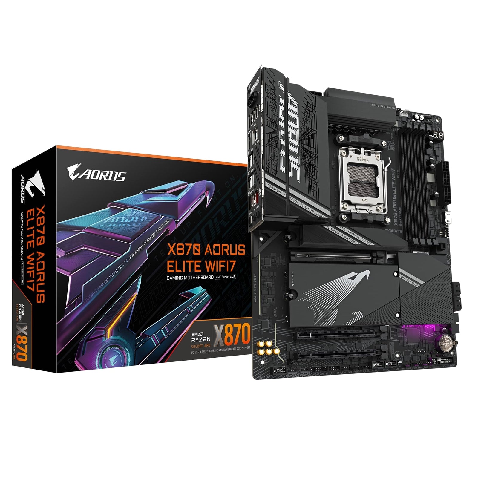 Gigabyte X870 AORUS ELITE WIFI7 AMD AM5 Socket Motherboard, ATX, 4x DDR5 Slots, 3x M.2 Sockets, 3x USB-C Port, Fitted I/O Shield, 2.5GbE LAN, Wi-Fi 7, 2x HDMI Port / 2x USB-C (USB4)